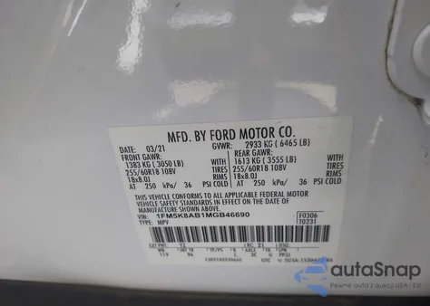 2021 Ford Police Interceptor z USA, uszkodzony, nr VIN 1FM5K8AB1MGB46690